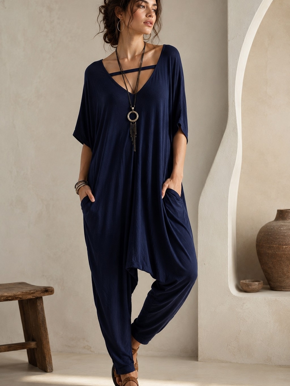 Boho Lagenlook Harem Jumpsuit Navy Blue Oversized Draped Lounge Romper S Boho